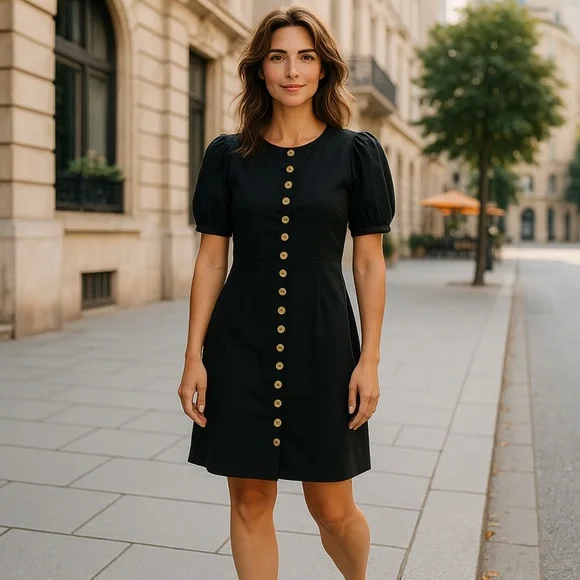 J. Crew Black and Gold Puff Sleeve Sheath Dress - Picture 1 of 10